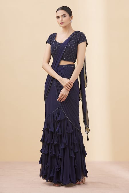 Arpan Vohra Blue Tulle, Georgette Scoop Neck Pre-draped Ruffle Saree With Blouse 
