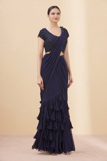 Arpan Vohra Blue Tulle, Georgette Scoop Neck Pre-draped Ruffle Saree With Blouse Online at Aza Fashions Arpan Vohra_Blue Tulle, Georgette Scoop Neck Pre-draped Ruffle Saree With Blouse _Online_at_Aza_Fashions