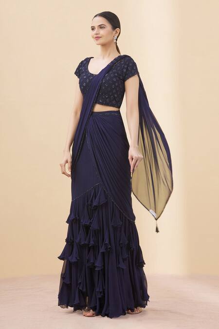 Buy Arpan Vohra Blue Tulle, Georgette Scoop Neck Pre-draped Ruffle Saree With Blouse Online at Aza Fashions Buy_Arpan Vohra_Blue Tulle, Georgette Scoop Neck Pre-draped Ruffle Saree With Blouse _Online_at_Aza_Fashions
