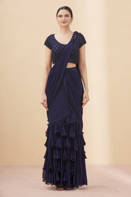 Shop Arpan Vohra Blue Tulle, Georgette Scoop Neck Pre-draped Ruffle Saree With Blouse Online at Aza Fashions Shop_Arpan Vohra_Blue Tulle, Georgette Scoop Neck Pre-draped Ruffle Saree With Blouse _Online_at_Aza_Fashions