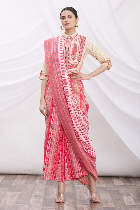 Matching Dhoti Shirt & Semi Kora Cotton Saree Couple Combo Pink