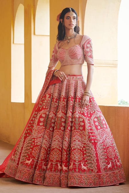 Buy Peach Cotton Satin Scoop Neck Embroidered Bridal Lehenga Set For Women  by Shyam Narayan Prasad Online at Aza Fashions.