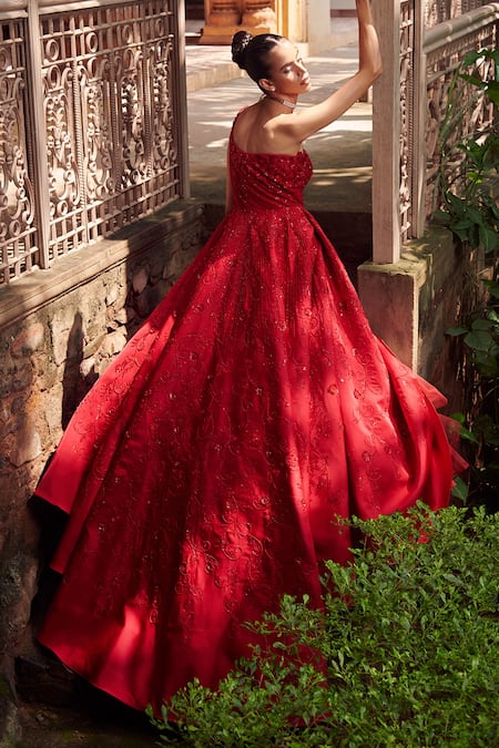 Shop Rachit Khanna Red Raw Silk Asymmetric Embroidered One Shoulder Gown at Aza Fashions Shop_Rachit Khanna_Red Raw Silk Asymmetric Embroidered One Shoulder Gown _at_Aza_Fashions