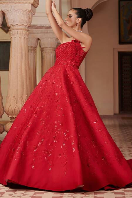 Rachit Khanna Red Raw Silk Asymmetric Embroidered One Shoulder Gown Online at Aza Fashions Rachit Khanna_Red Raw Silk Asymmetric Embroidered One Shoulder Gown _Online_at_Aza_Fashions