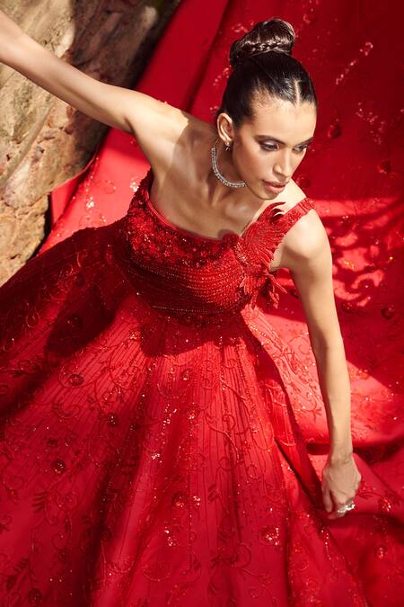Buy Rachit Khanna Red Raw Silk Asymmetric Embroidered One Shoulder Gown Online at Aza Fashions Buy_Rachit Khanna_Red Raw Silk Asymmetric Embroidered One Shoulder Gown _Online_at_Aza_Fashions