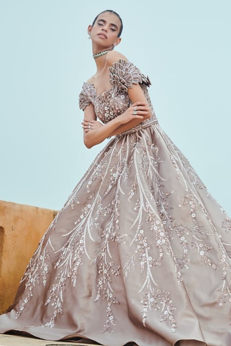 Rachit Khanna Grey Heavy Satin Square Neck Embroidered Gown 