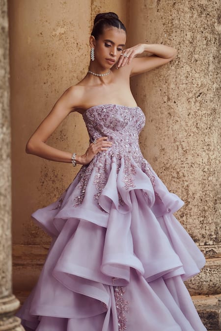 Rachit Khanna Purple Organza Sweetheart Neck Bandeau Gown 