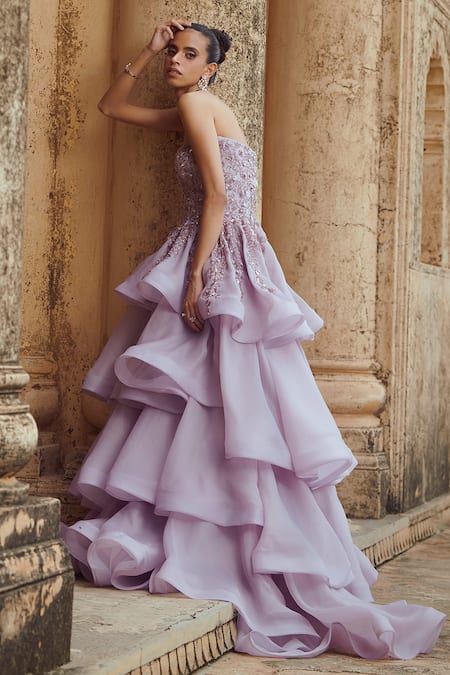 Shop Rachit Khanna Purple Organza Sweetheart Neck Bandeau Gown at Aza Fashions Shop_Rachit Khanna_Purple Organza Sweetheart Neck Bandeau Gown _at_Aza_Fashions