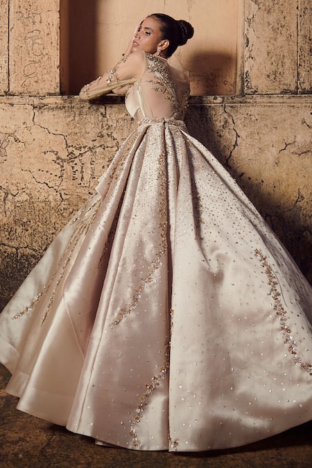 Shop Rachit Khanna Gold Heavy Satin Boat Embroidered Gown at Aza Fashions Shop_Rachit Khanna_Gold Heavy Satin Boat Embroidered Gown _at_Aza_Fashions