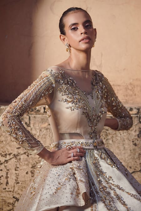 Rachit Khanna Gold Heavy Satin Boat Embroidered Gown Online at Aza Fashions Rachit Khanna_Gold Heavy Satin Boat Embroidered Gown _Online_at_Aza_Fashions