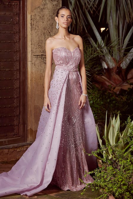 Shop Rachit Khanna Purple Organza, Heavy Satin Sweetheart Neck Embroidered Bandeau Gown at Aza Fashions Shop_Rachit Khanna_Purple Organza, Heavy Satin Sweetheart Neck Embroidered Bandeau Gown _at_Aza_Fashions