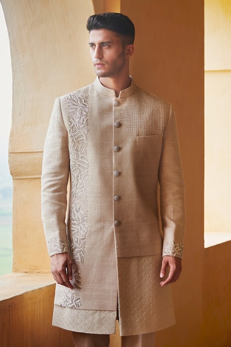 Shop Rachit Khanna Beige Matka Silk Layered Sherwani Set at Aza Fashions Shop_Rachit Khanna_Beige Matka Silk Layered Sherwani Set _at_Aza_Fashions