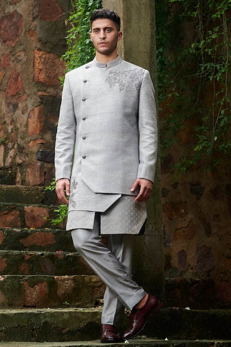 Shop Rachit Khanna Grey Matka Silk Layered Sherwani Set at Aza Fashions Shop_Rachit Khanna_Grey Matka Silk Layered Sherwani Set _at_Aza_Fashions