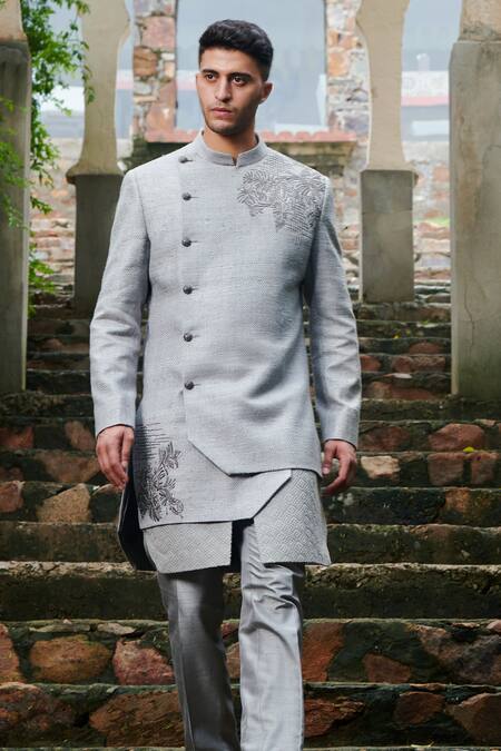 Rachit Khanna Grey Matka Silk Layered Sherwani Set Online at Aza Fashions Rachit Khanna_Grey Matka Silk Layered Sherwani Set _Online_at_Aza_Fashions