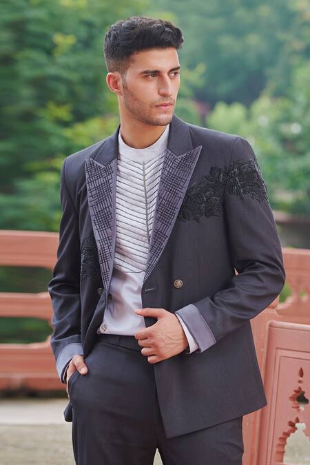 Shop Rachit Khanna Grey Suiting Embroidered Tuxedo And Pant Set at Aza Fashions Shop_Rachit Khanna_Grey Suiting Embroidered Tuxedo And Pant Set _at_Aza_Fashions