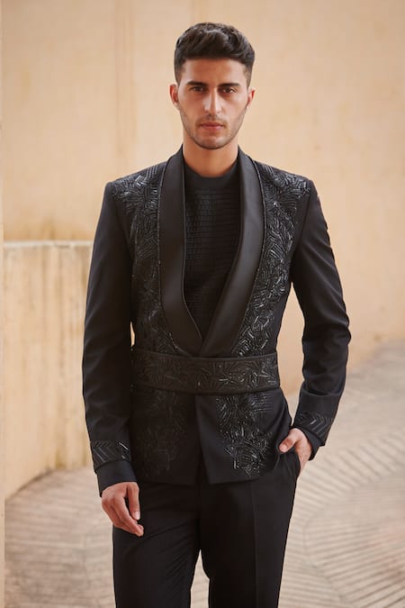 Buy Rachit Khanna Black Suiting Embroidered Tuxedo And Pant Set Online at Aza Fashions Buy_Rachit Khanna_Black Suiting Embroidered Tuxedo And Pant Set _Online_at_Aza_Fashions