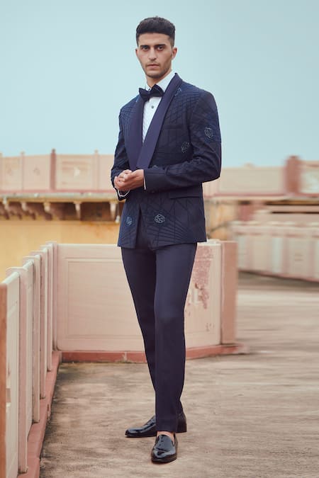 Rachit Khanna Blue Suiting Embroidered Tuxedo And Pant Set