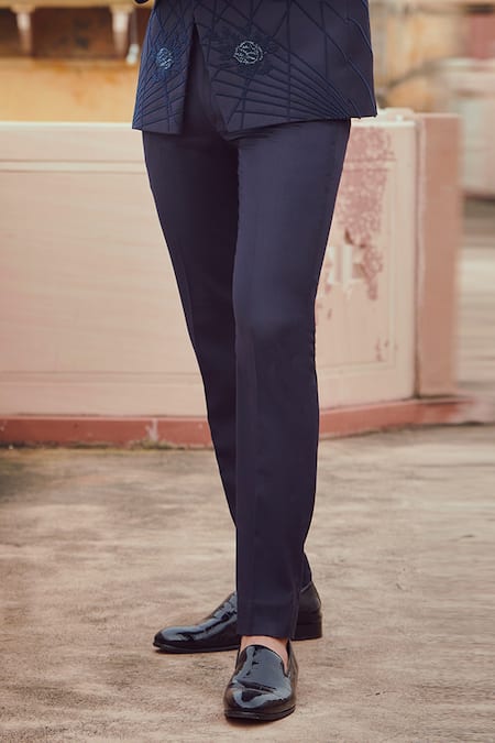 Shop Rachit Khanna Blue Suiting Embroidered Tuxedo And Pant Set at Aza Fashions Shop_Rachit Khanna_Blue Suiting Embroidered Tuxedo And Pant Set _at_Aza_Fashions