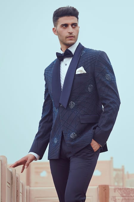 Rachit Khanna Blue Suiting Embroidered Tuxedo And Pant Set Online at Aza Fashions Rachit Khanna_Blue Suiting Embroidered Tuxedo And Pant Set _Online_at_Aza_Fashions