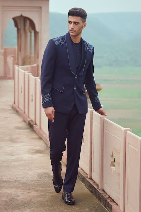 Rachit Khanna Blue Suiting Embroidered Tuxedo And Pant Set