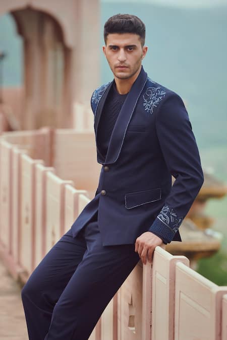 Shop Rachit Khanna Blue Suiting Embroidered Tuxedo And Pant Set at Aza Fashions Shop_Rachit Khanna_Blue Suiting Embroidered Tuxedo And Pant Set _at_Aza_Fashions