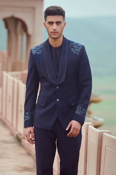 Buy Rachit Khanna Blue Suiting Embroidered Tuxedo And Pant Set Online at Aza Fashions Buy_Rachit Khanna_Blue Suiting Embroidered Tuxedo And Pant Set _Online_at_Aza_Fashions
