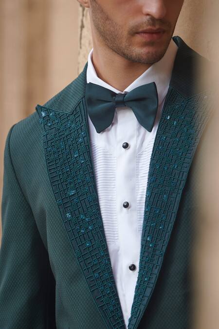 Buy Rachit Khanna Green Suiting Notched Lapel Tuxedo And Pant Set Online at Aza Fashions Buy_Rachit Khanna_Green Suiting Notched Lapel Tuxedo And Pant Set _Online_at_Aza_Fashions
