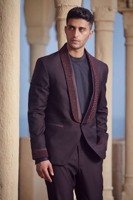 Rachit Khanna_Maroon Suiting Embroidered Tuxedo And Pant Set  _Online_at_Aza_Fashions