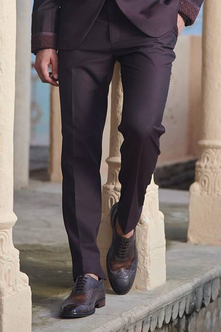 Buy_Rachit Khanna_Maroon Suiting Embroidered Tuxedo And Pant Set  _Online_at_Aza_Fashions