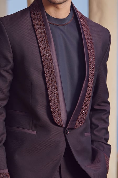 Shop_Rachit Khanna_Maroon Suiting Embroidered Tuxedo And Pant Set  _Online_at_Aza_Fashions