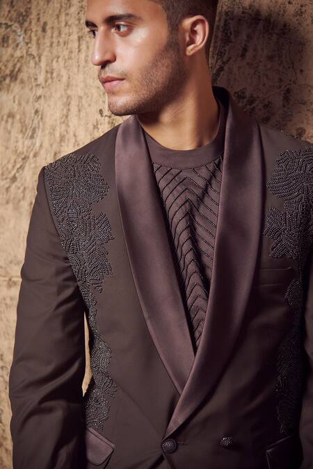 Rachit Khanna_Brown Suiting Embroidered Tuxedo And Pant Set _Online_at_Aza_Fashions