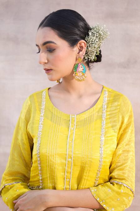 Label Mansi Nagdev Yellow Tissue, Chanderi Beads Round Neck Kiran A-line Kurta Set at Aza Fashions Label Mansi Nagdev_Yellow Tissue, Chanderi Beads Round Neck Kiran A-line Kurta Set _at_Aza_Fashions