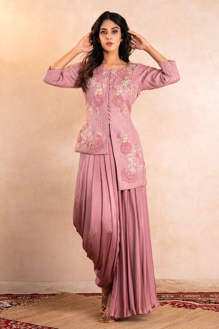 Shop Shikha And Srishti Design Pink Silk, Organza, Satin Round Asymmetric Jacket And Pleated Skirt Set at Aza Fashions Shop_Shikha And Srishti Design_Pink Silk, Organza, Satin Round Asymmetric Jacket And Pleated Skirt Set _at_Aza_Fashions