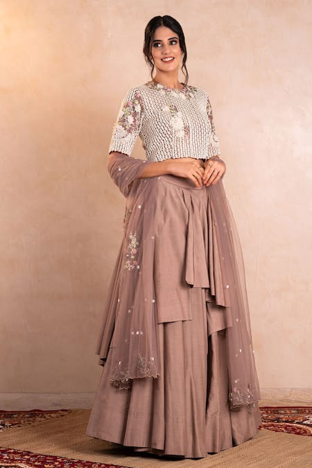 Shop Shikha And Srishti Design Brown Organza, Net, Modal Silk Round Layered Lehenga Set at Aza Fashions Shop_Shikha And Srishti Design_Brown Organza, Net, Modal Silk Round Layered Lehenga Set _at_Aza_Fashions