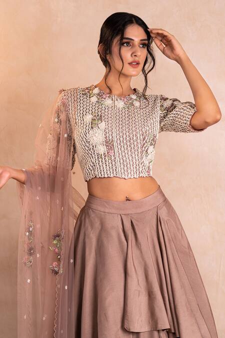 Shikha And Srishti Design Brown Organza, Net, Modal Silk Round Layered Lehenga Set Online at Aza Fashions Shikha And Srishti Design_Brown Organza, Net, Modal Silk Round Layered Lehenga Set _Online_at_Aza_Fashions