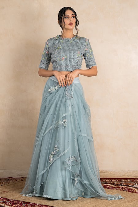 Shop Shikha And Srishti Design Blue Organza, Net Round Layered Lehenga Set at Aza Fashions Shop_Shikha And Srishti Design_Blue Organza, Net Round Layered Lehenga Set _at_Aza_Fashions