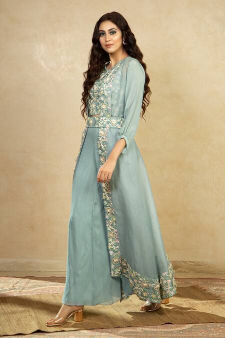Shop Shikha And Srishti Design Blue Organza, Georgette Open Embroidered Jacket And Pant Set at Aza Fashions Shop_Shikha And Srishti Design_Blue Organza, Georgette Open Embroidered Jacket And Pant Set _at_Aza_Fashions