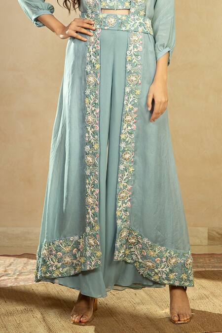 Buy Shikha And Srishti Design Blue Organza, Georgette Open Embroidered Jacket And Pant Set Online at Aza Fashions Buy_Shikha And Srishti Design_Blue Organza, Georgette Open Embroidered Jacket And Pant Set _Online_at_Aza_Fashions