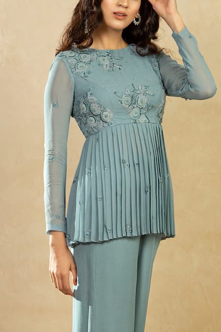 Buy Shikha And Srishti Design Blue Organza, Georgette Round Pleated Peplum Top And Pant Set Online at Aza Fashions Buy_Shikha And Srishti Design_Blue Organza, Georgette Round Pleated Peplum Top And Pant Set _Online_at_Aza_Fashions