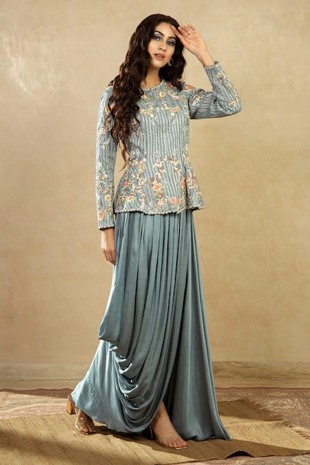 Shop Shikha And Srishti Design Blue Silk, Organza, Satin Round Embroidered Jacket And Skirt Set at Aza Fashions Shop_Shikha And Srishti Design_Blue Silk, Organza, Satin Round Embroidered Jacket And Skirt Set _at_Aza_Fashions