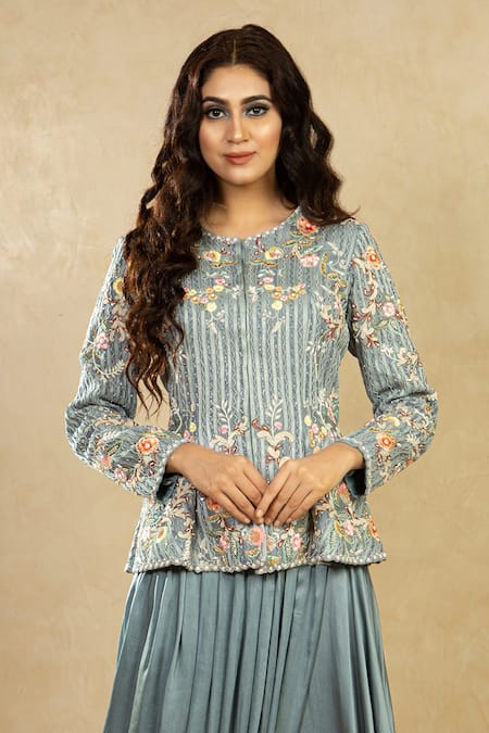 Shikha And Srishti Design Blue Silk, Organza, Satin Round Embroidered Jacket And Skirt Set Online at Aza Fashions Shikha And Srishti Design_Blue Silk, Organza, Satin Round Embroidered Jacket And Skirt Set _Online_at_Aza_Fashions