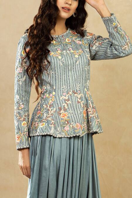 Buy Shikha And Srishti Design Blue Silk, Organza, Satin Round Embroidered Jacket And Skirt Set Online at Aza Fashions Buy_Shikha And Srishti Design_Blue Silk, Organza, Satin Round Embroidered Jacket And Skirt Set _Online_at_Aza_Fashions