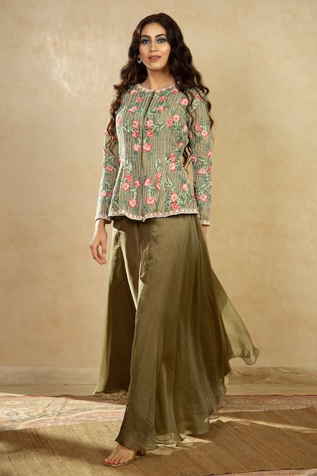 Shikha And Srishti Design Green Organza Round Embroidered Jacket And Flared Pant Set