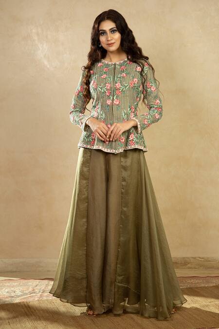 Shop Shikha And Srishti Design Green Organza Round Embroidered Jacket And Flared Pant Set at Aza Fashions Shop_Shikha And Srishti Design_Green Organza Round Embroidered Jacket And Flared Pant Set _at_Aza_Fashions