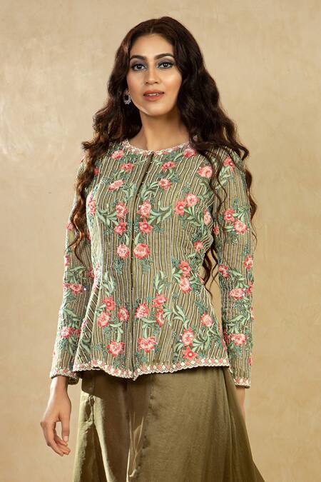 Shikha And Srishti Design Green Organza Round Embroidered Jacket And Flared Pant Set Online at Aza Fashions Shikha And Srishti Design_Green Organza Round Embroidered Jacket And Flared Pant Set _Online_at_Aza_Fashions