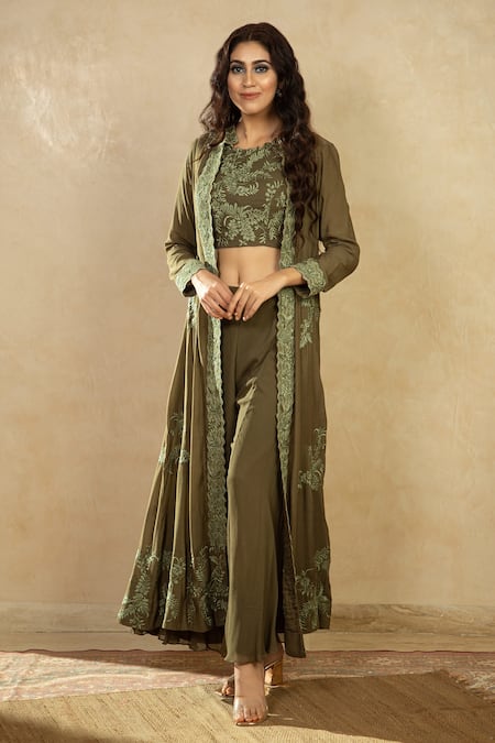 Shop Shikha And Srishti Design Green Organza, Georgette Open Embroidered Jacket And Pant Set at Aza Fashions Shop_Shikha And Srishti Design_Green Organza, Georgette Open Embroidered Jacket And Pant Set _at_Aza_Fashions