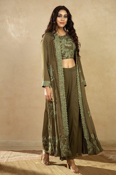 Shikha And Srishti Design Green Organza, Georgette Open Embroidered Jacket And Pant Set