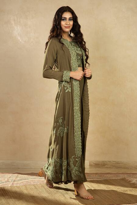 Shikha And Srishti Design Green Organza, Georgette Open Embroidered Jacket And Pant Set Online at Aza Fashions Shikha And Srishti Design_Green Organza, Georgette Open Embroidered Jacket And Pant Set _Online_at_Aza_Fashions