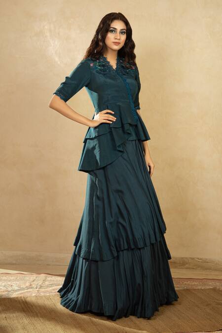 Shikha And Srishti Design_Blue Organza V Neck Layered Lehenga Set _Online_at_Aza_Fashions