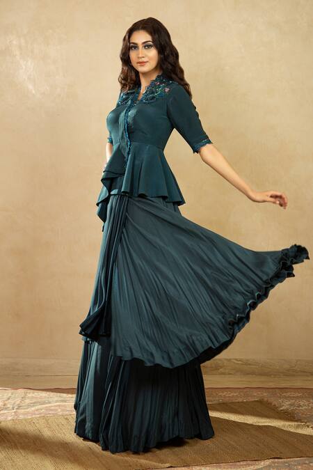 Buy_Shikha And Srishti Design_Blue Organza V Neck Layered Lehenga Set _Online_at_Aza_Fashions